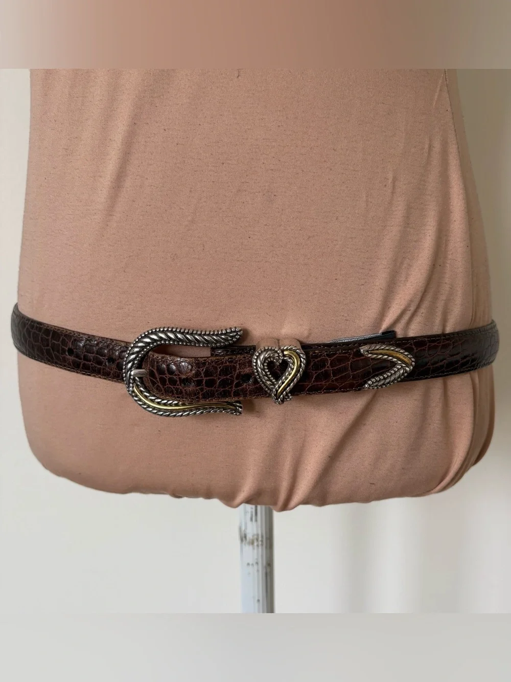 Brighton Vintage Croc Embossed Brown Leather Heart Two Tone Western Belt Sz L/34